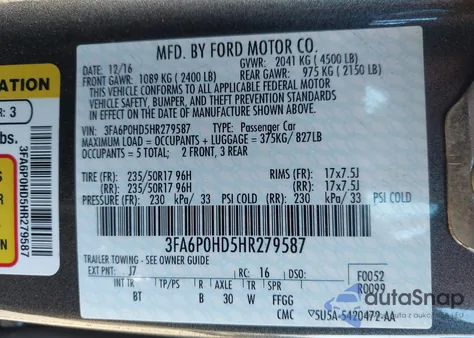 2017 Ford Fusion Se from USA, damaged, VIN 3FA6P0HD5HR279587